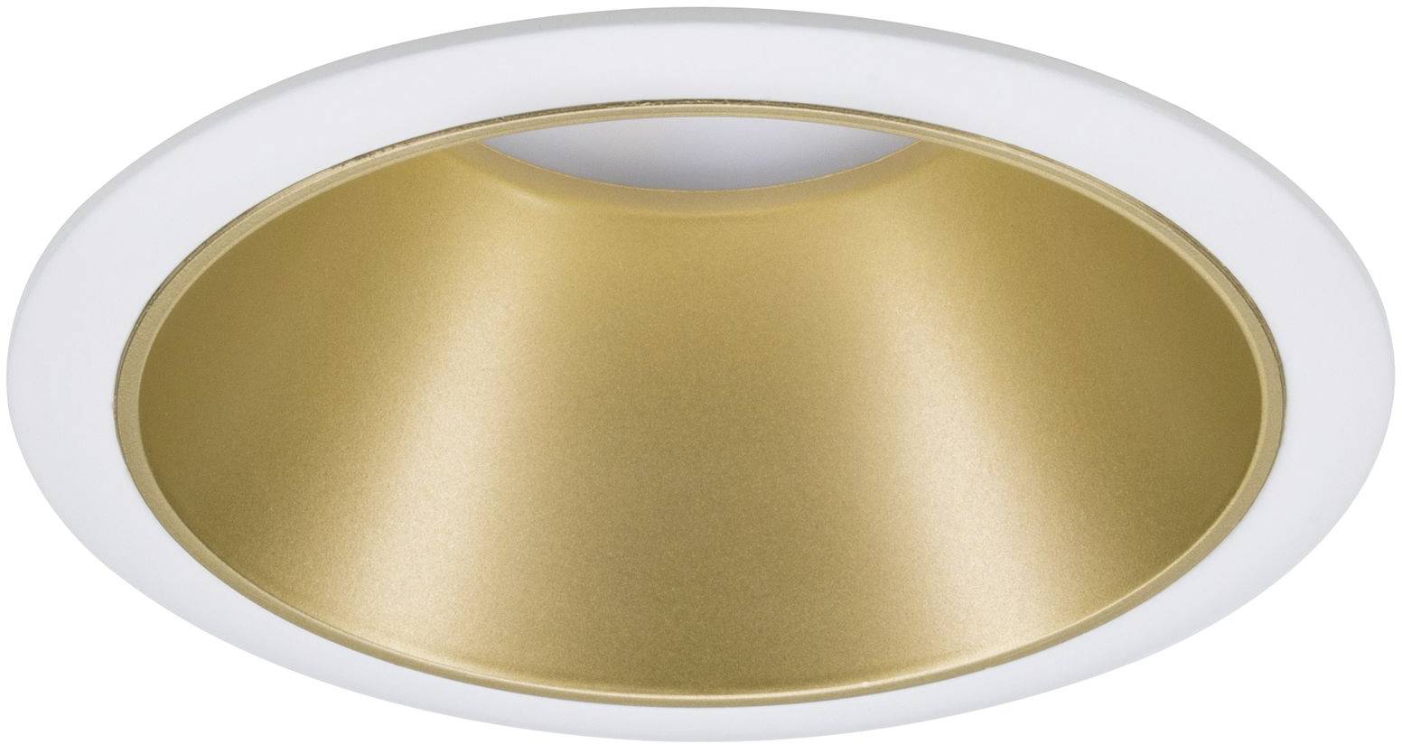 Luminaire encastrable conique doré avec bordure blanche.
