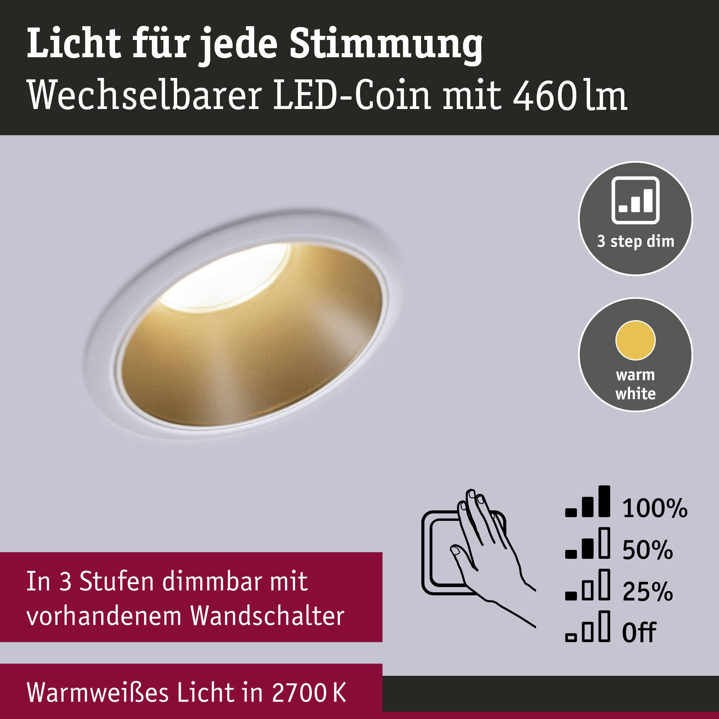 Pastille LED interchangeable de 460 lumens, lumière blanc chaud à 2700 K, variable en 3 étapes via l'interrupteur mural. Options : 100%, 50%, 25%, Éteint.