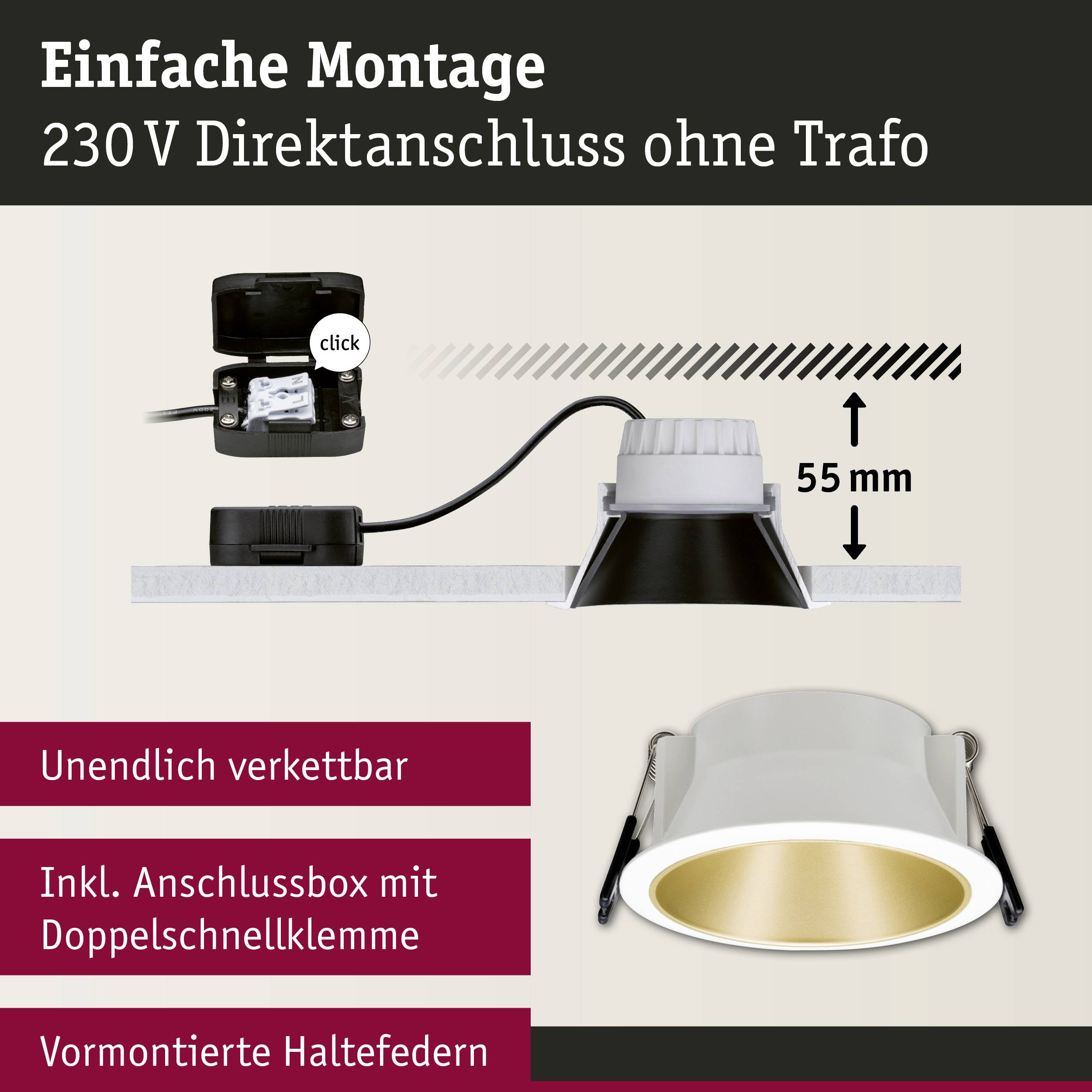 'Luminaire encastré avec connexion 230 V. Montage simple sans transformateur. Chaînable à l'infini. Inclut un boîtier de connexion avec double borne rapide.'