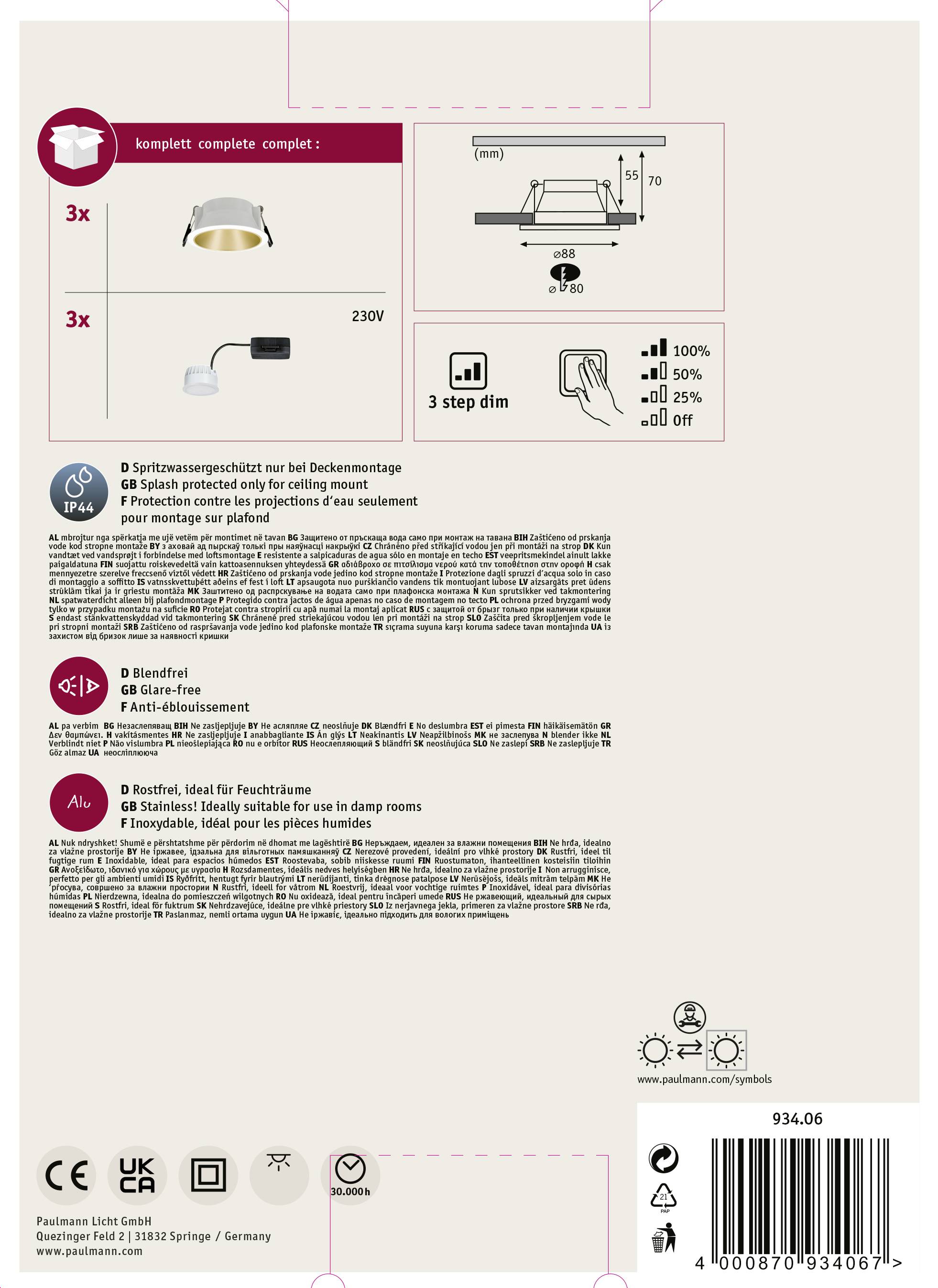 Voici la traduction en français :Face arrière d'un emballage de plafonnier avec instructions de montage en allemand et en anglais. Comprend des symboles pour la tension, le variateur et le degré de protection.