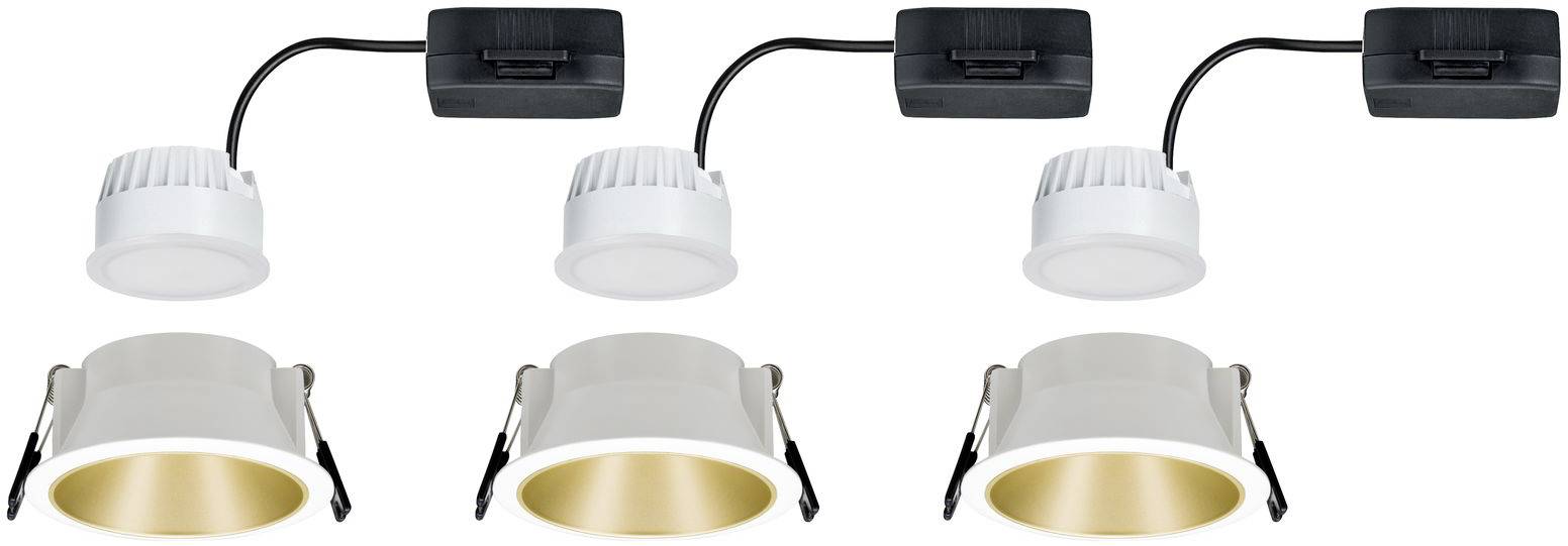 Trois projecteurs circulaires encastrés avec une surface intérieure dorée et des boîtiers blancs, chacun relié à un module de connexion noir.