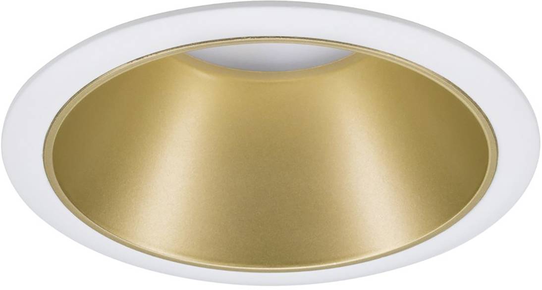 Spot encastrable avec un cadre blanc et un habillage intérieur doré. Il émet une lumière dirigée vers le bas et est décoratif.