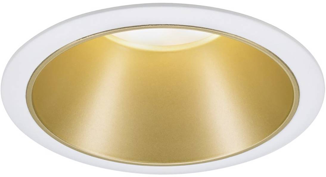 Un plafonnier rond doré avec un cadre blanc. Il présente un design épuré et moderne, et diffuse une lumière vers le bas.