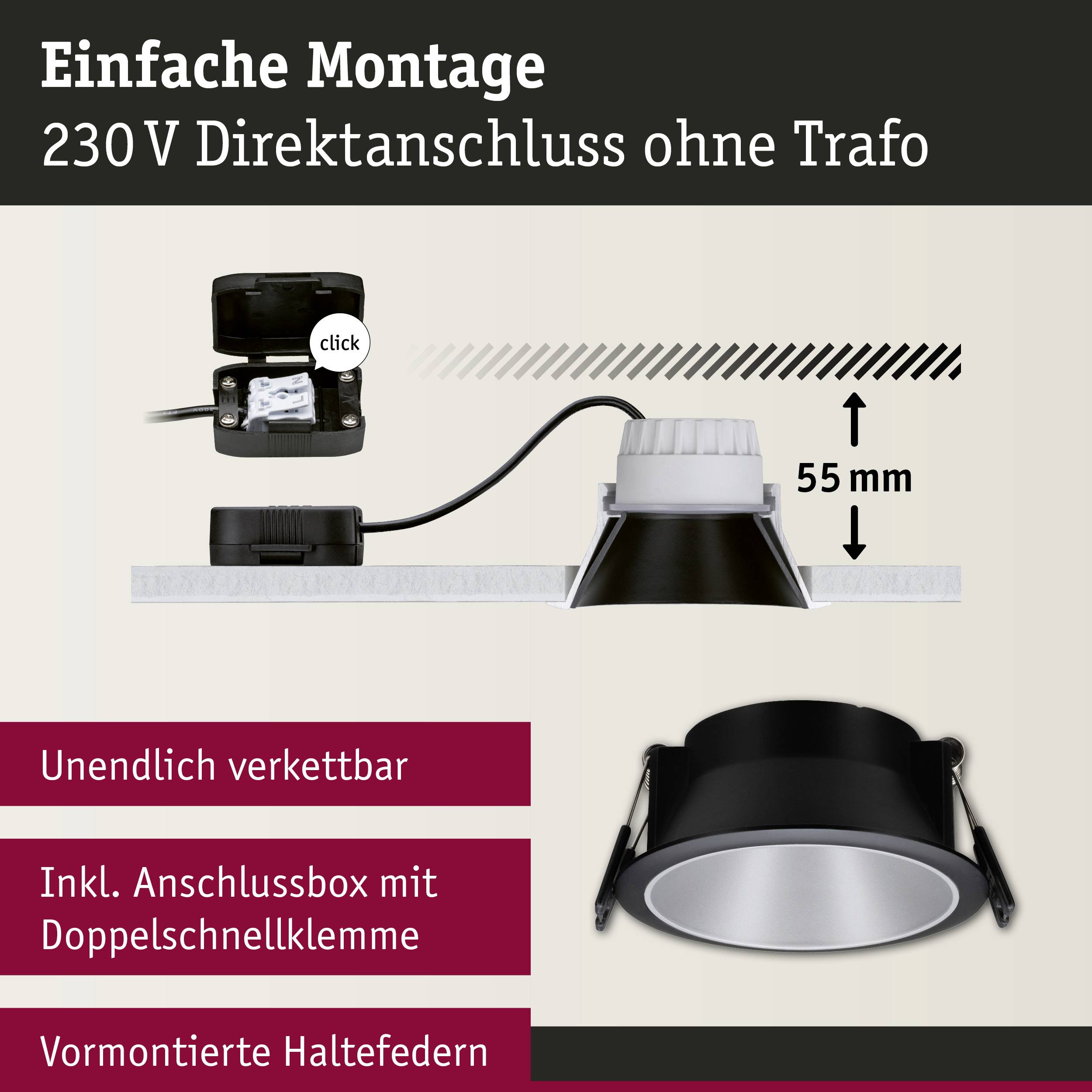 'Spot LED avec boîte de raccordement, connexion directe 230V sans transformateur, profondeur d'encastrement de 55 mm, chaînage possible à l'infini.'