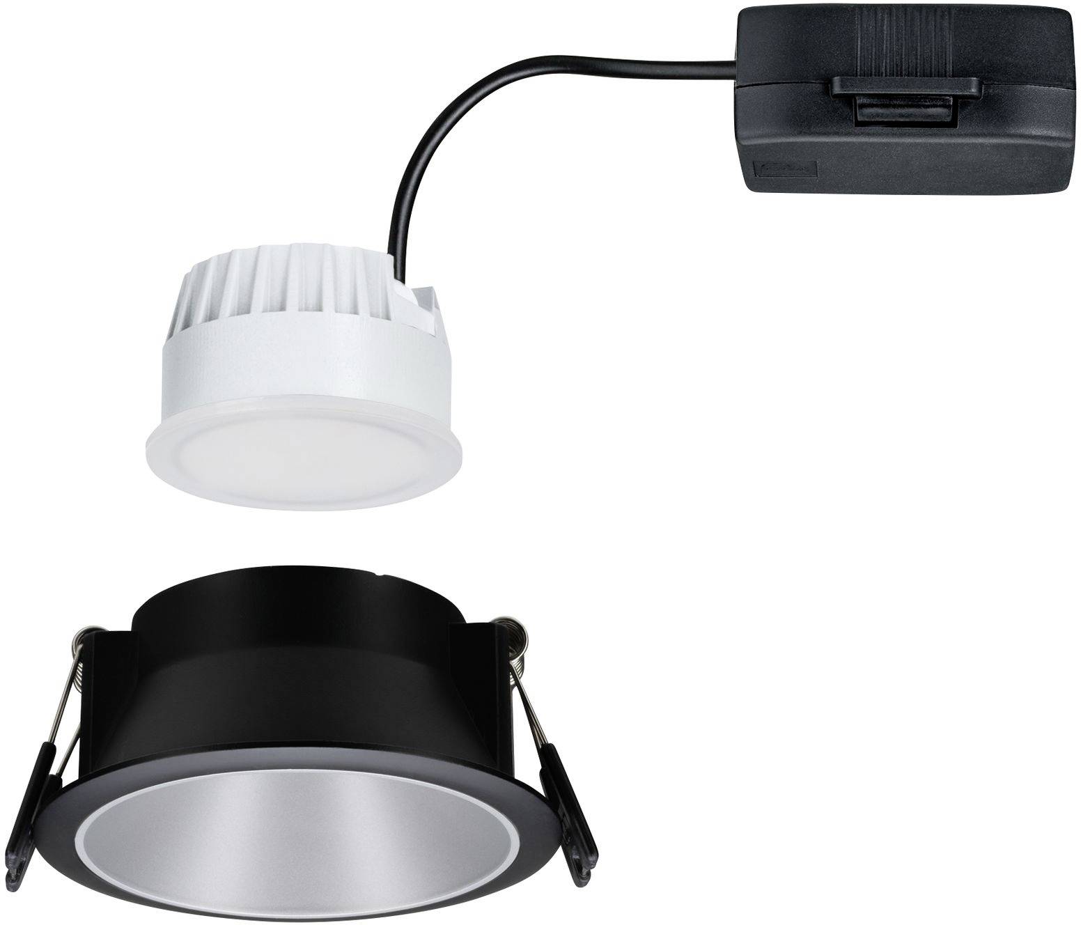 Spot encastrable avec boîtier noir arrondi et insert lumineux blanc, relié à un adaptateur externe noir.