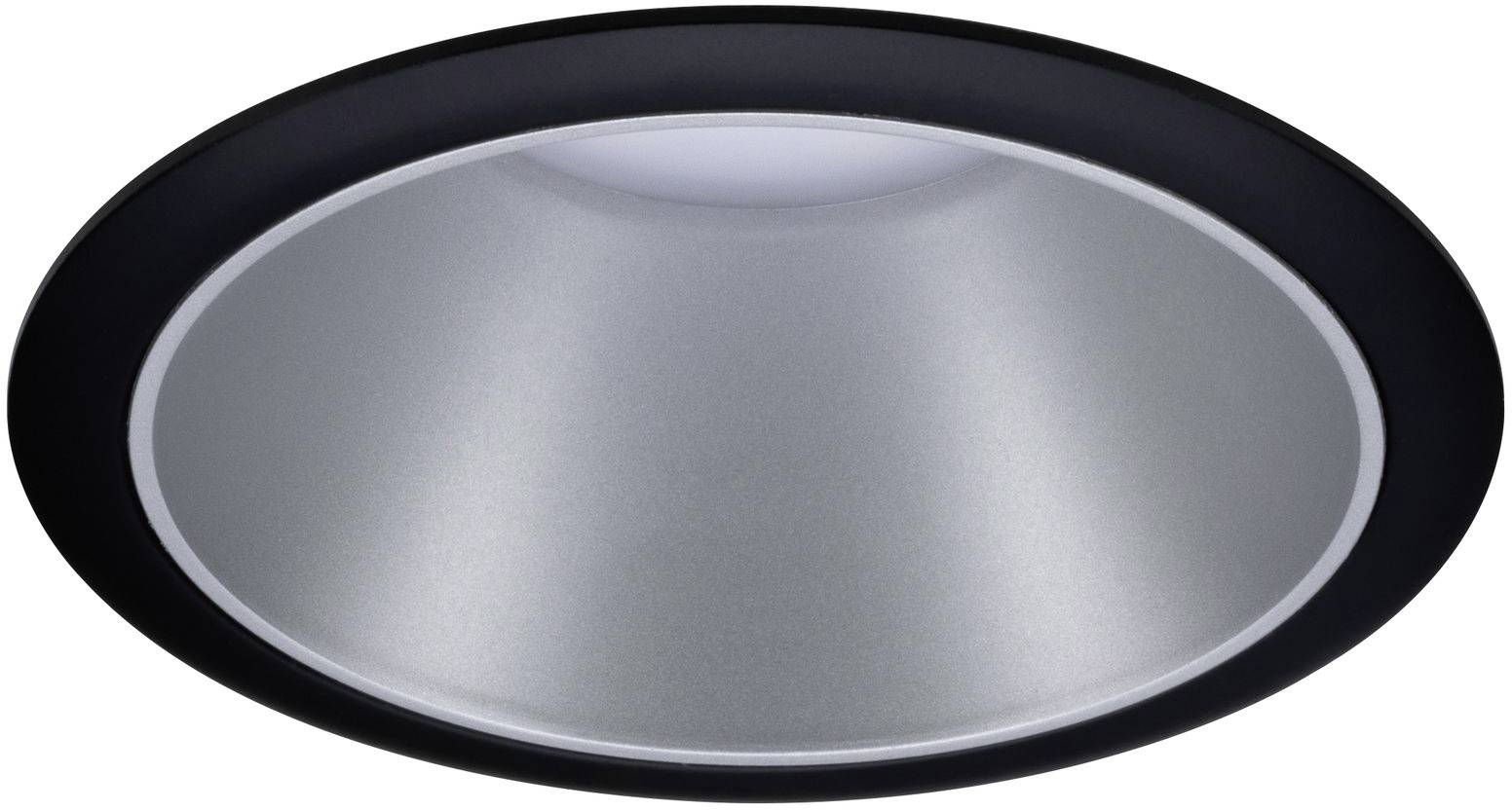 Plafonnier rond, argenté avec bordure noire, adapté à un aménagement intérieur moderne.