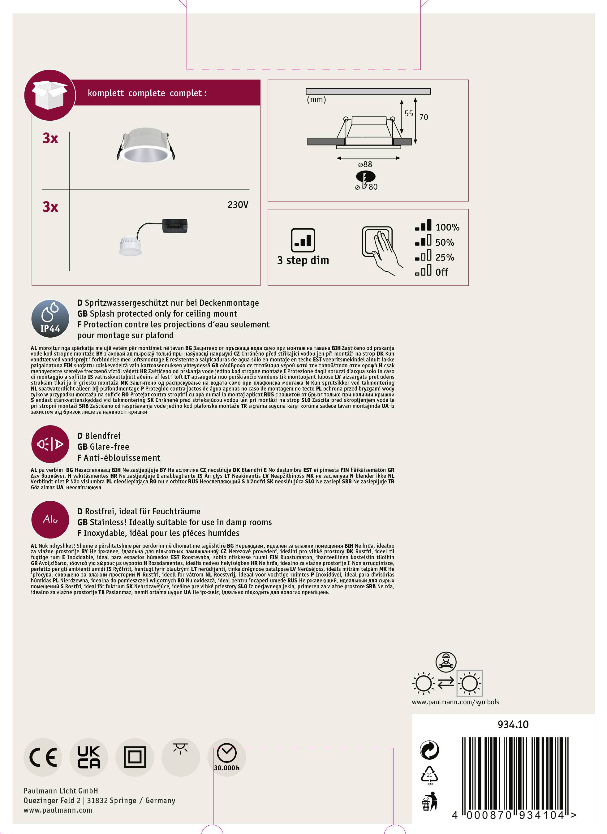 Paulmann 93410 Cole Coin Spot encastrable jeu de 3 LED 6 W blanc, argent