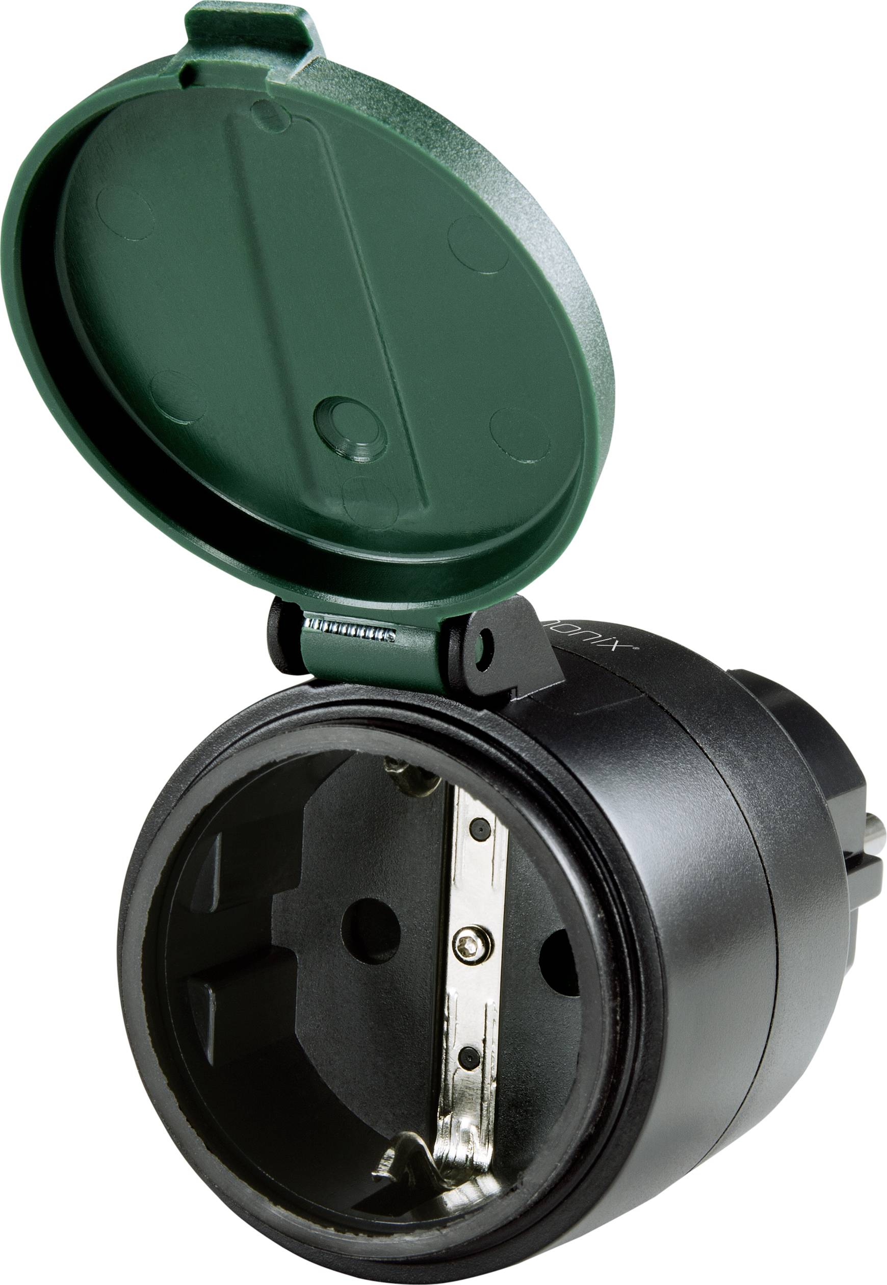 Un adaptateur de prise noir et coudé, avec un couvercle vert légèrement ouvert.