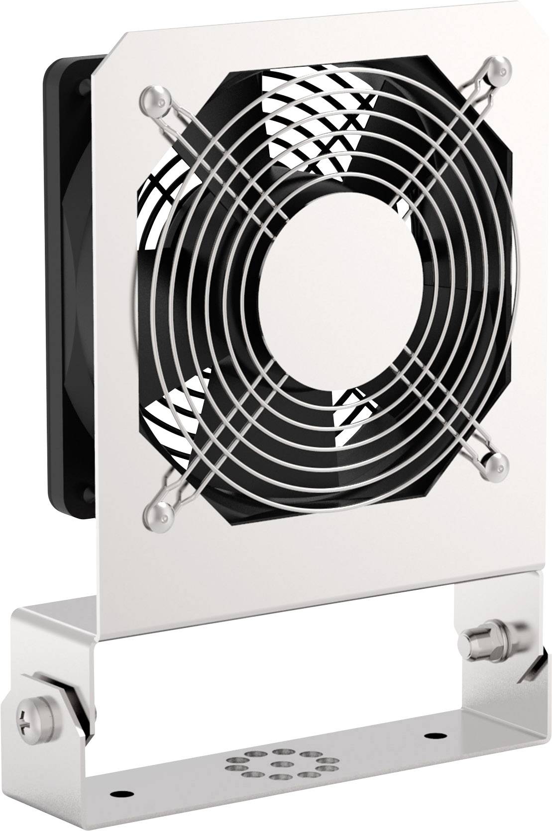 Un ventilateur d'ordinateur argenté avec une grille de protection monté sur un support métallique.