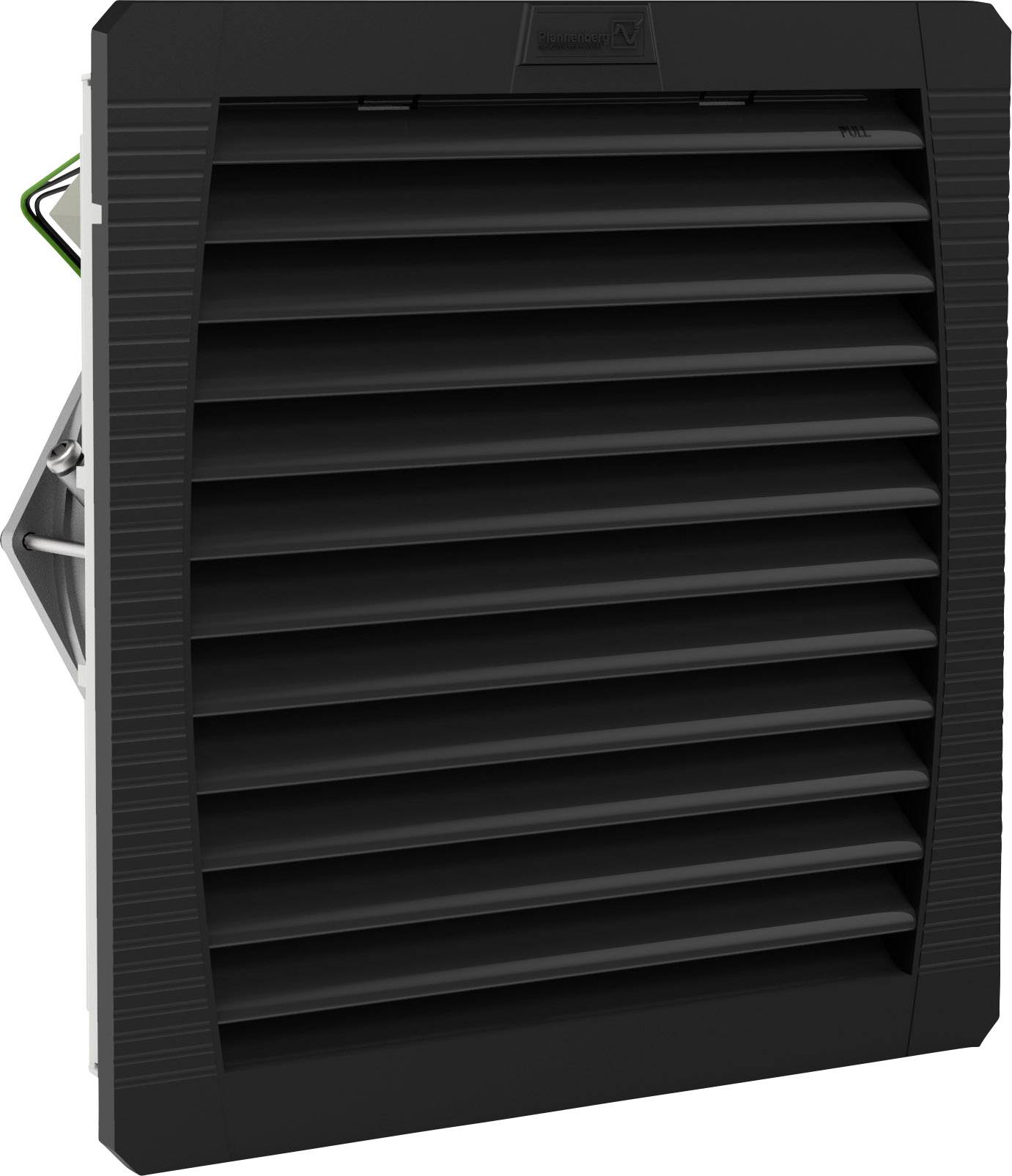 Volet de ventilation noir à lamelles horizontales qui régule le flux d'air dans un système de ventilation.