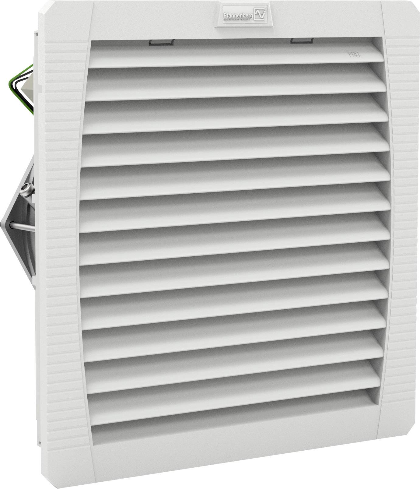 Grille de ventilation grise avec des lamelles horizontales, montée sur un mur, destinée à la ventilation dans des environnements techniques ou industriels.