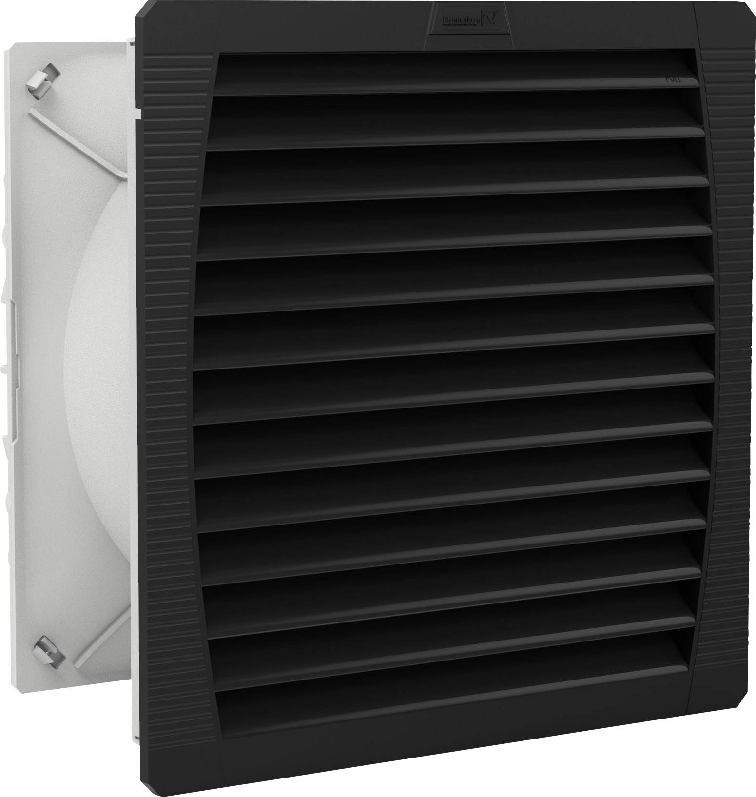 Filtre de ventilateur noir avec lamelles horizontales, rectangulaire, monté sur un boîtier blanc. Idéal pour les systèmes de ventilation.