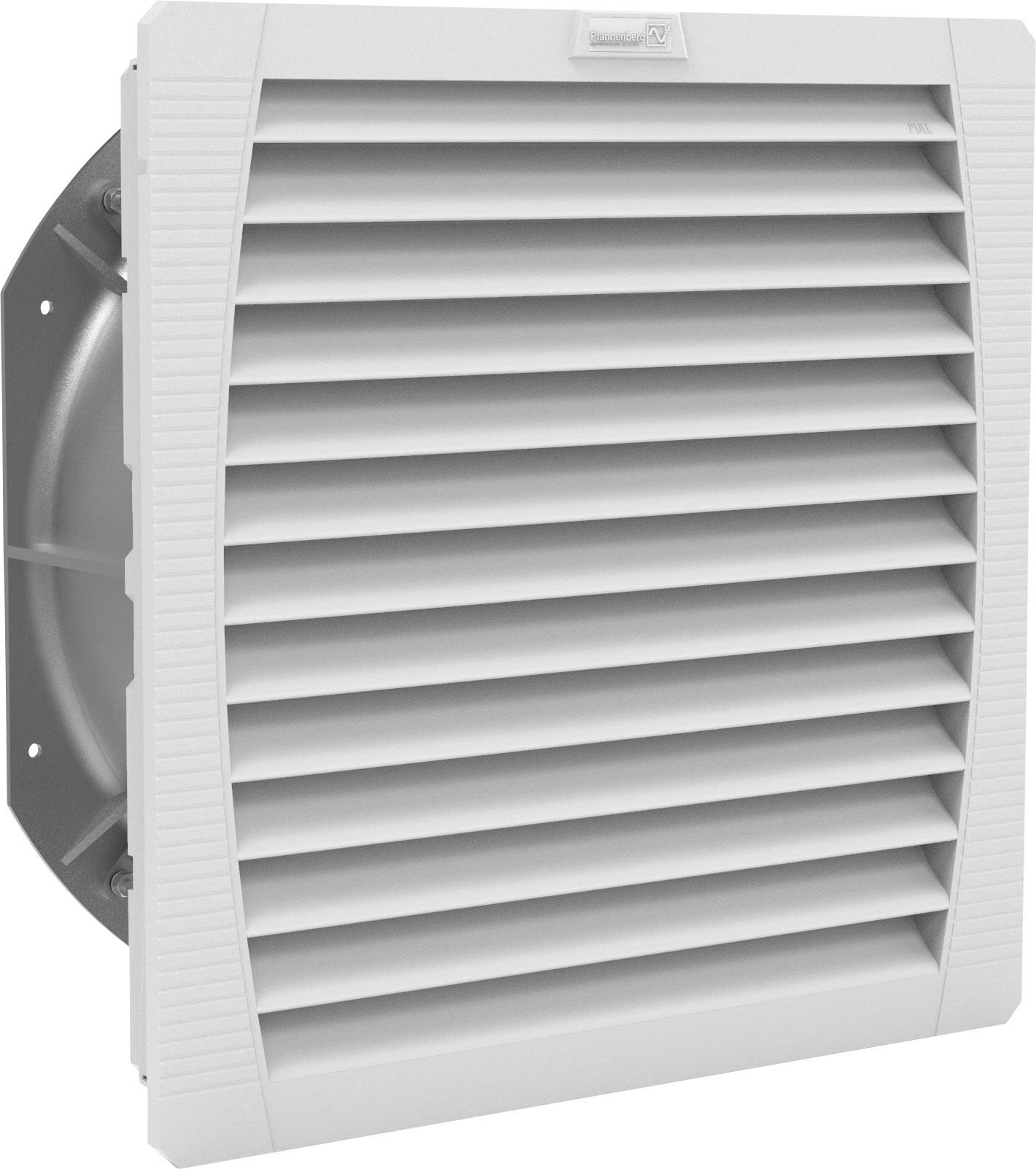 Grille de ventilation de forme carrée avec lamelles horizontales, grise, pour installation murale ou sur appareil.