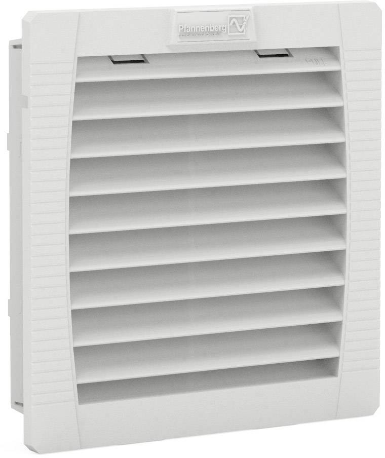 Grille de ventilation en blanc avec des lamelles horizontales, réparties uniformément. En haut est inscrit 'Pfannenberg.' Conçu pour la circulation de l'air.