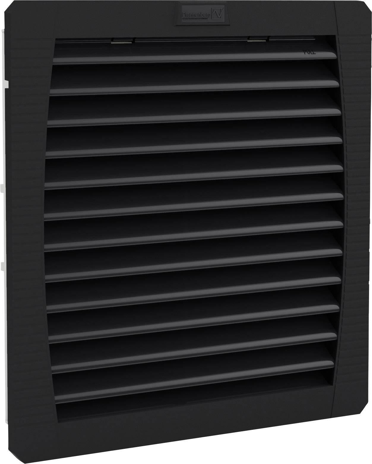 Grille de ventilation noire à lamelles horizontales, pour la climatisation ou la ventilation de boîtiers ou d'espaces.