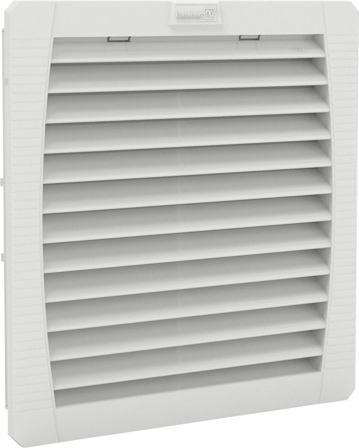 Couvercle de ventilation blanc avec lamelles horizontales, adapté pour une utilisation dans des espaces industriels ou commerciaux pour la ventilation.