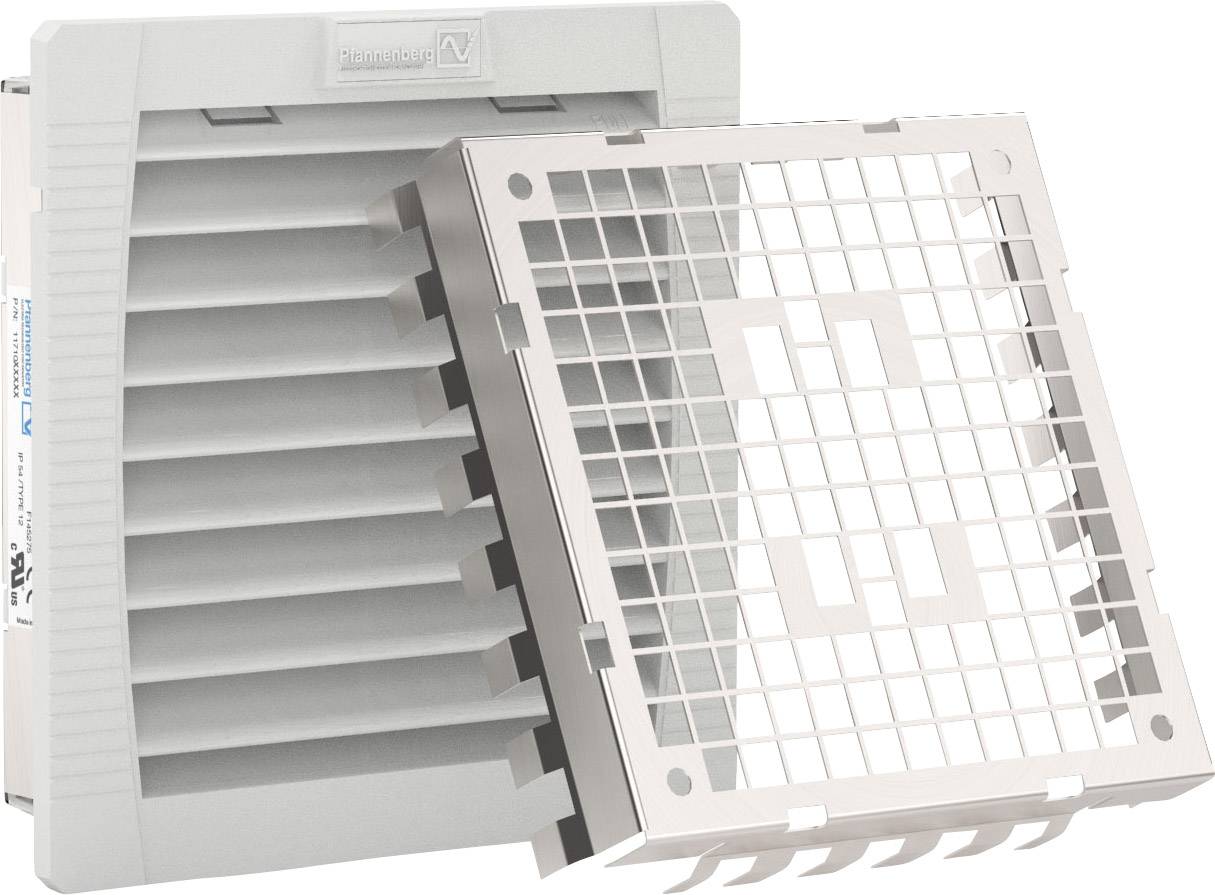 'Deux grilles de ventilation grises : une frontale avec des lamelles, l'autre au premier plan avec une structure quadrillée. Les deux en plastique.'