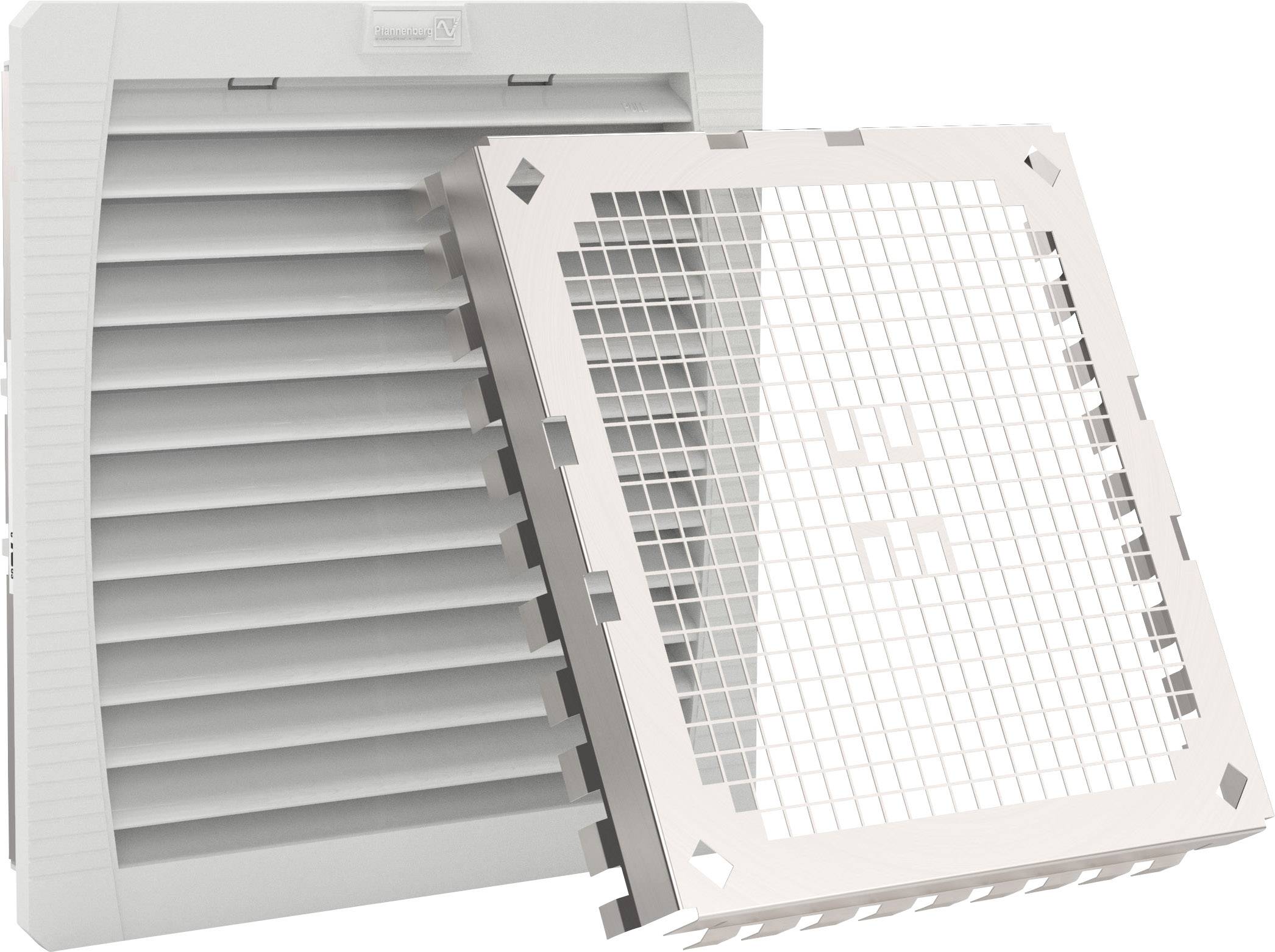 Grille de ventilation grise et plaque de couverture avec motif de grille, disposées côte à côte.