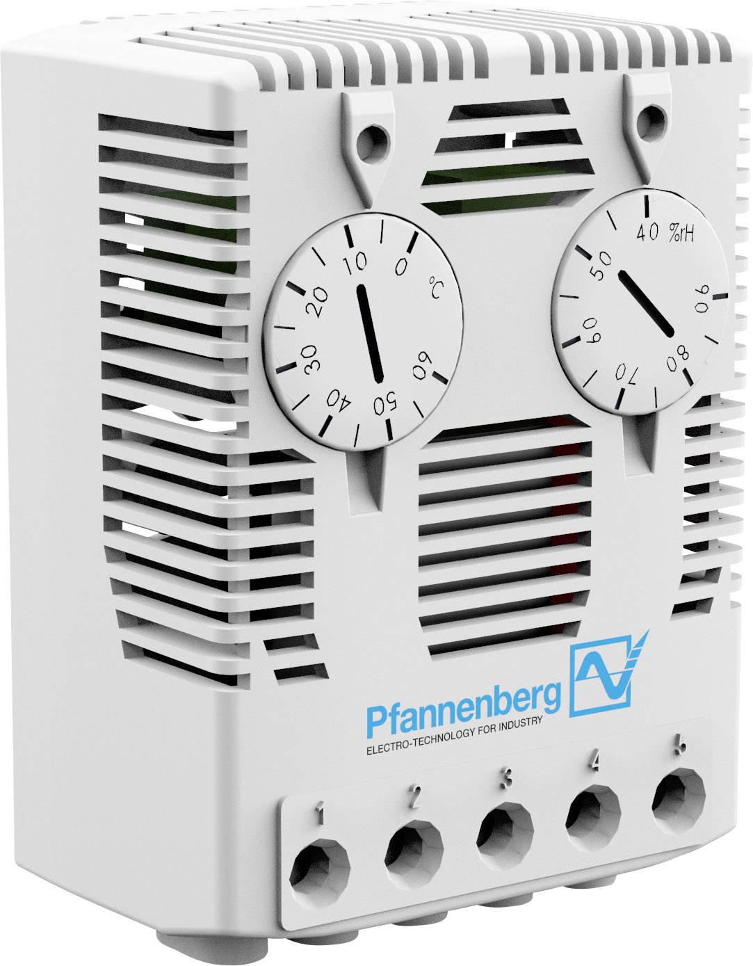 Dispositif thermostatique blanc avec deux échelles rondes indiquant la température et l'humidité, portant le nom de marque 'Pfannenberg' sur la face avant.