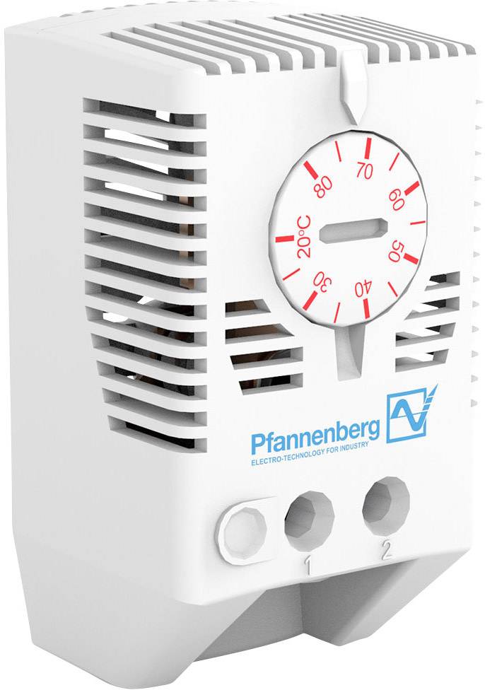 Thermostat avec boîtier ventilé, affichage de température en rouge de 0 à 60°C, marque 'Pfannenberg'.