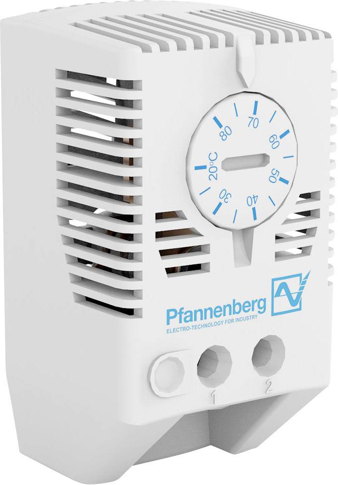 Un dispositif thermostatique blanc avec une échelle de 0 à 60 degrés Celsius. Marqué 'Pfannenberg' et portant un symbole. Utilisé dans des environnements industriels.