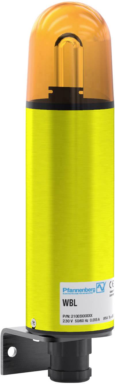 Un voyant d'avertissement jaune avec un dôme orange, fixé sur un support noir. Une étiquette avec des détails techniques est visible.