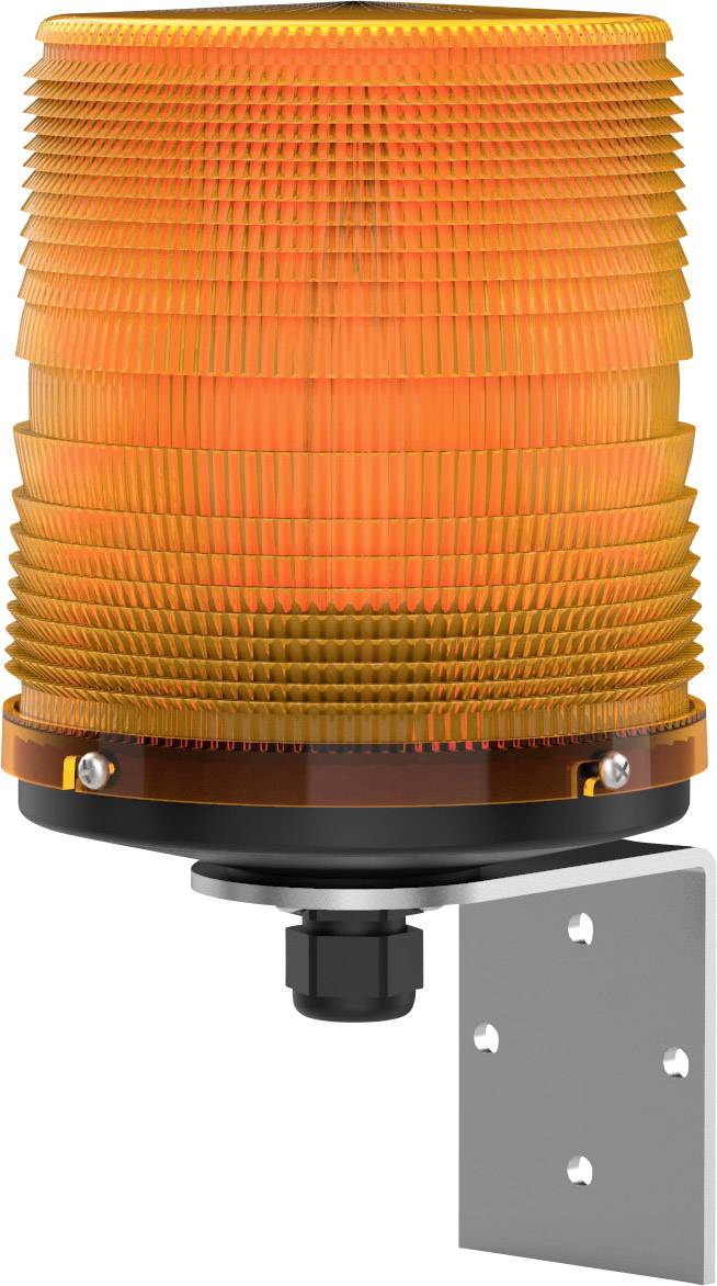 Voyant lumineux orange sur support métallique, couramment utilisé dans les zones de sécurité ou industrielles.
