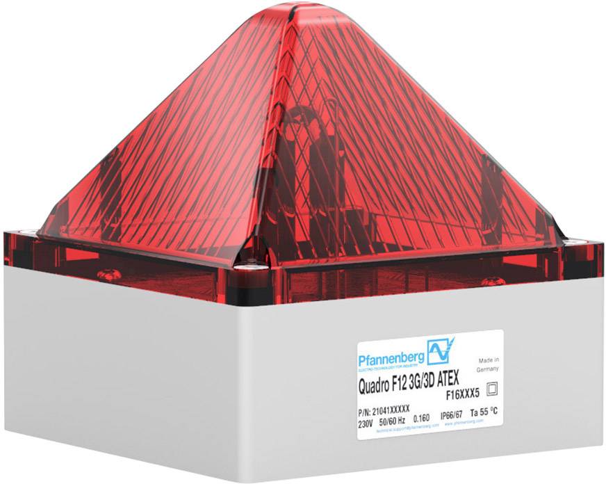 Voyant d'avertissement rouge dans un boîtier pyramidal avec logo de l'entreprise et désignation de modèle 'Quadro F12 3G/3D ATEX', monté sur un socle blanc.