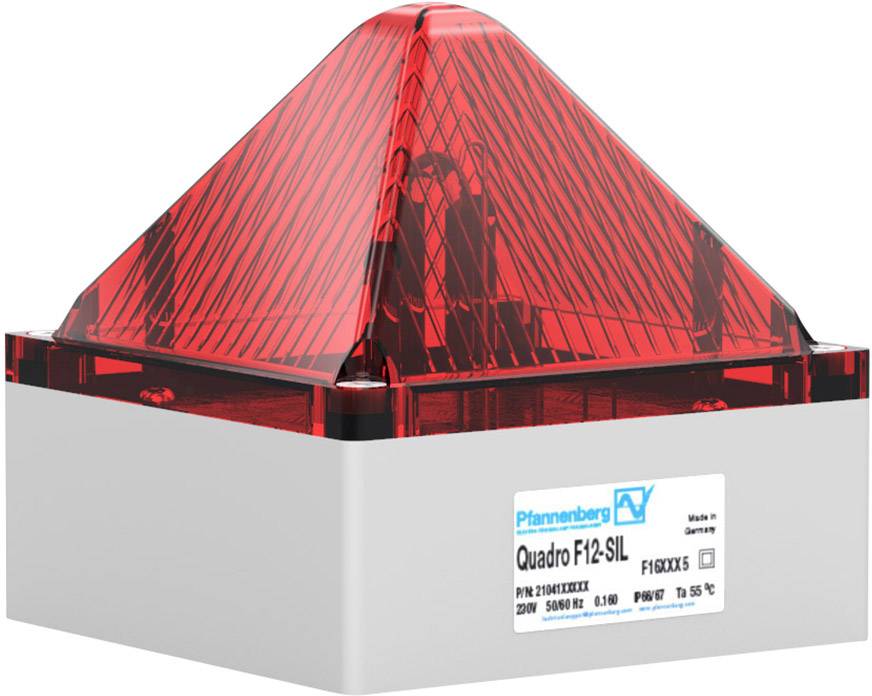 Un dispositif de signalisation d'avertissement rouge en forme de pyramide avec un boîtier blanc, étiqueté 'Quadro F12-SIL' de Pfannenberg, destiné à un usage industriel.