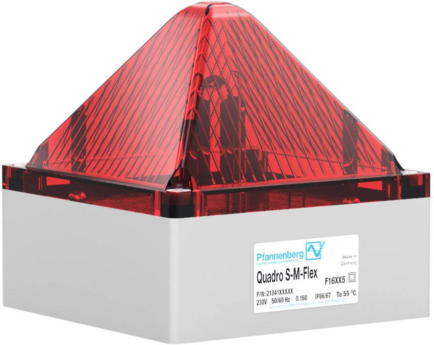 Détecteur d'alarme rouge en forme de pyramide avec boîtier blanc, étiquette de produit indiquant les spécifications telles que le modèle 'Quadro S-M-Flex' et le fabricant 'Pfannenberg'.
