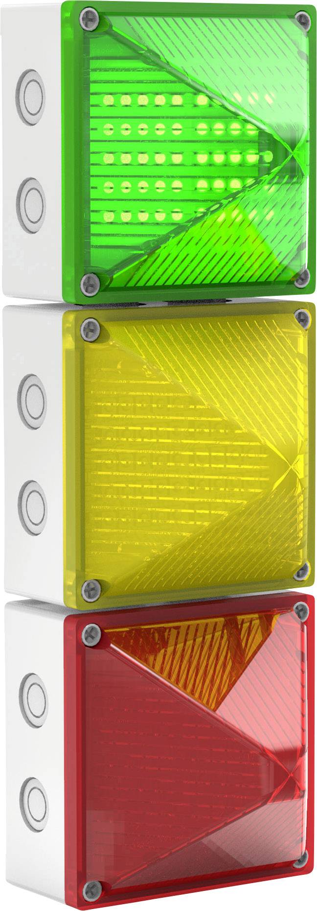 Trois modules lumineux empilés les uns sur les autres : un vert en haut, un jaune au milieu et un rouge en bas.