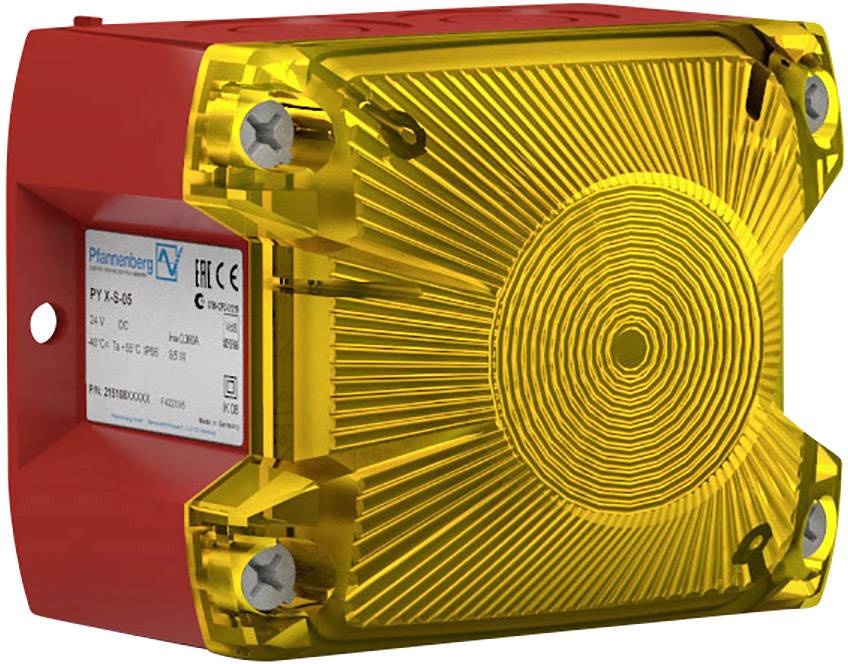 Un dispositif d'avertissement acoustique rouge et jaune avec des vis aux coins, autocollant du fabricant avec des spécifications techniques visible.