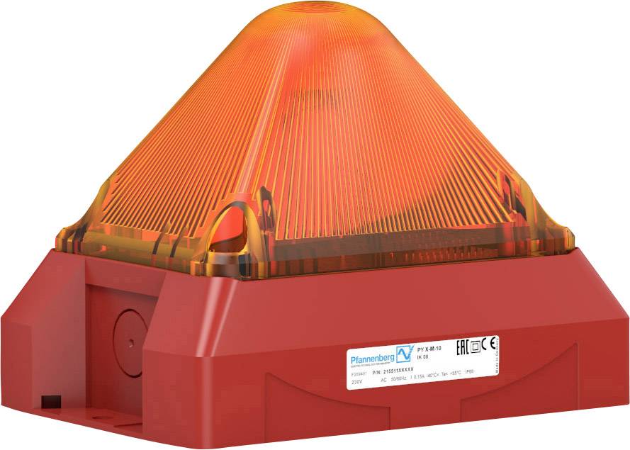 Feu d'avertissement orange sur socle rouge, certifié CE et EAC, adapté aux applications industrielles.