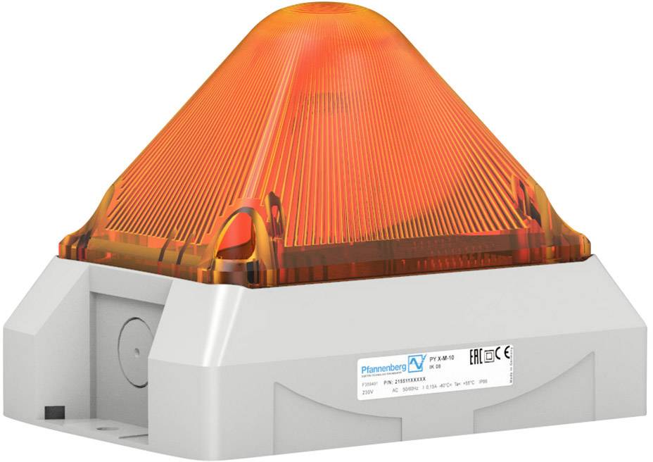 Un voyant d'avertissement orange à boîtier transparent, monté sur un socle blanc portant des informations techniques.