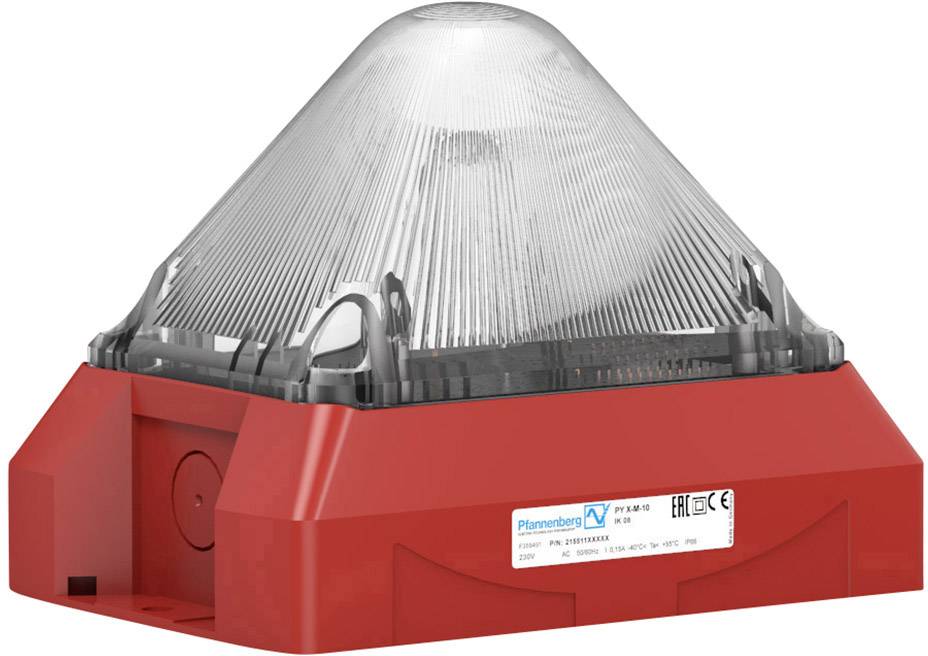 Un indicateur optique rouge avec un boîtier transparent pour un avertissement visuel en cas de situation d'urgence. Le logo de la marque et les spécifications techniques sont visibles.