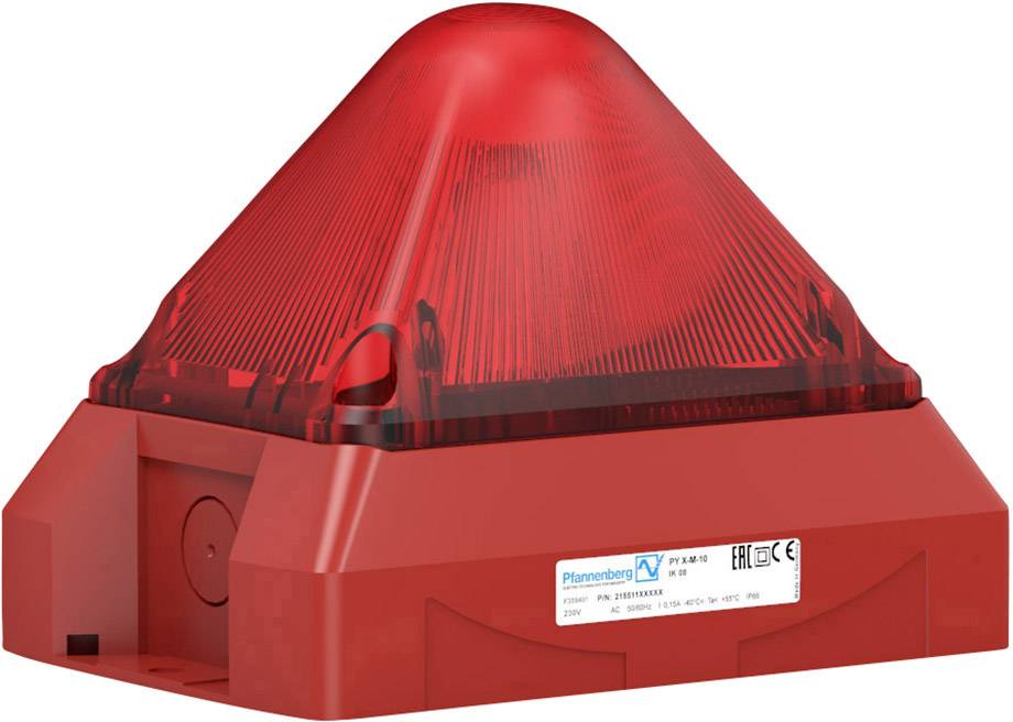 Voyant de sécurité rouge avec couverture prismatique, utilisé pour l'alarme ou la signalisation. Une étiquette du fabricant est apposée sur la face avant.