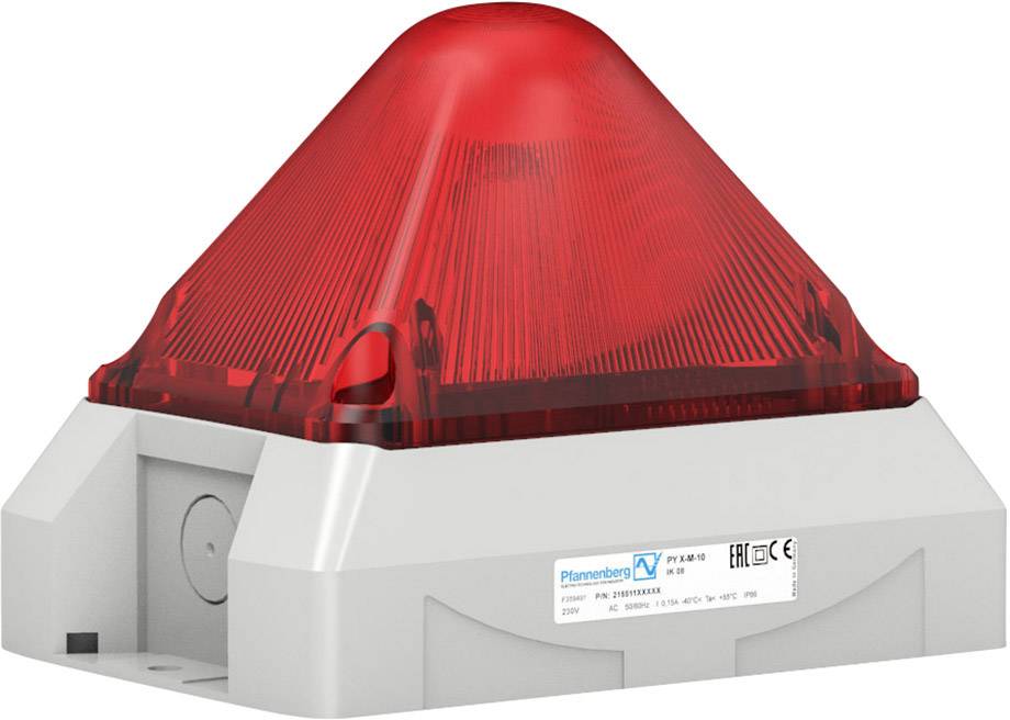 Voyant d'avertissement rouge monté sur un socle gris, utilisé pour signaler des dangers ou des alarmes. L'étiquette indique les spécifications techniques.