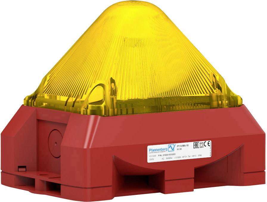 Un système d'alarme rouge, rectangulaire, avec un couvercle lumineux jaune en forme de dôme. Des marquages et des étiquettes sont visibles sur le côté.