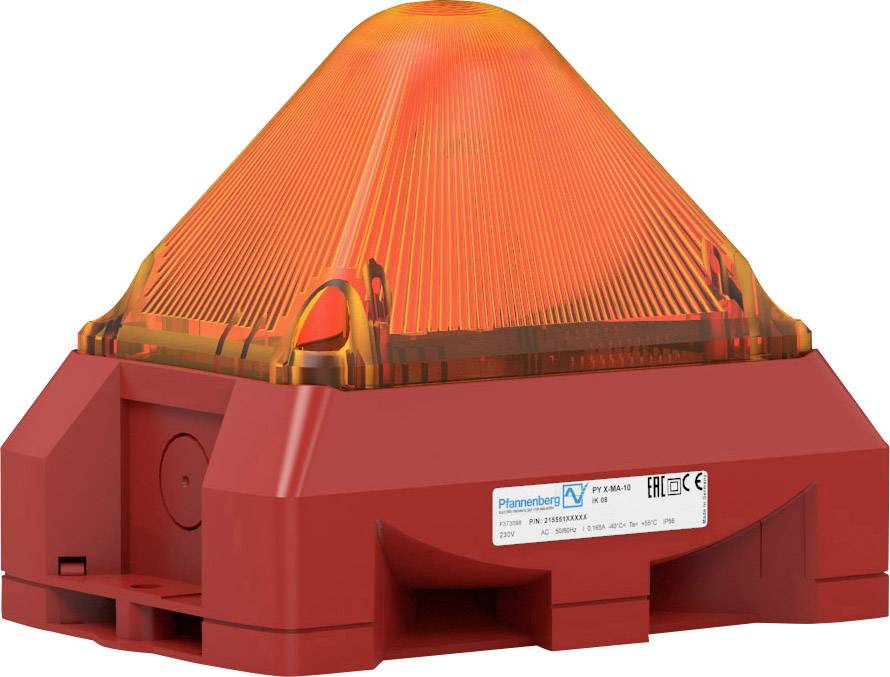 Un dispositif stroboscopique rouge avec une structure striée orange. L'appareil est conçu pour les systèmes de protection incendie et d'alerte.
