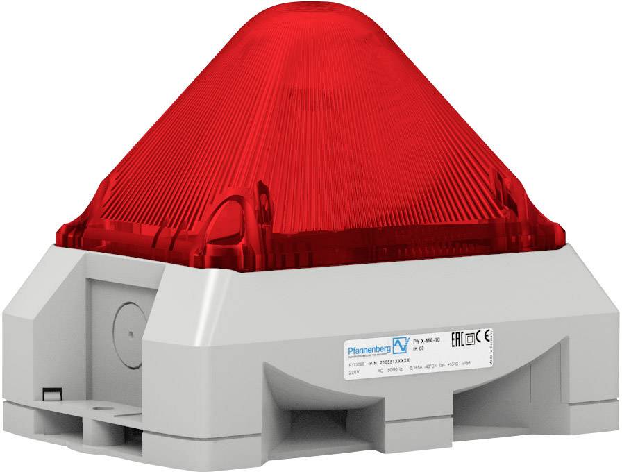 Voyant d'alarme à lumière rouge, monté sur un socle gris, avec étiquette du fabricant et marquage CE.