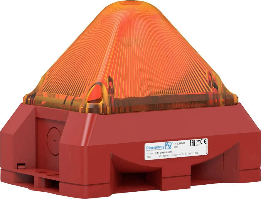 Un feu d'alarme rouge en forme de pyramide, avec un couvercle lumineux orange, monté sur un socle.