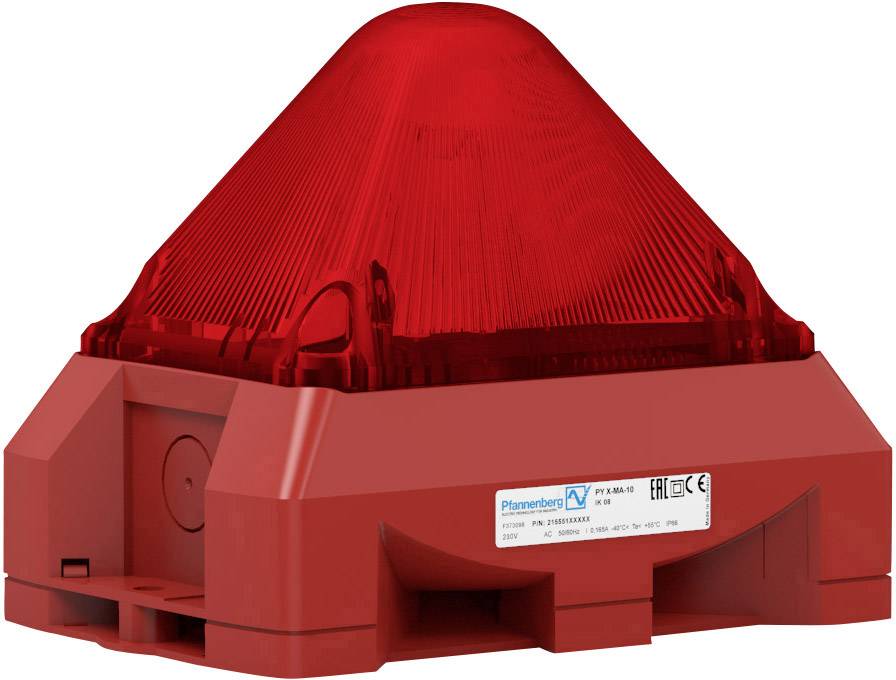 Un déclencheur manuel d'alarme incendie rouge avec un boîtier arrondi et un dôme, fixé sur un mur. Comprend des inscriptions et le marquage CE.