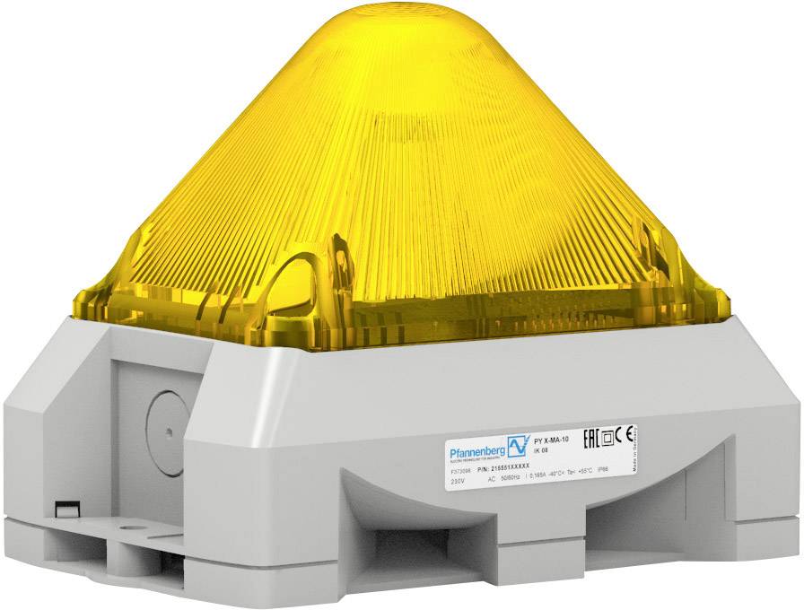 Un voyant jaune avec un couvercle en plastique monté sur un socle gris, souvent utilisé dans des applications industrielles pour signaler visuellement une alerte.