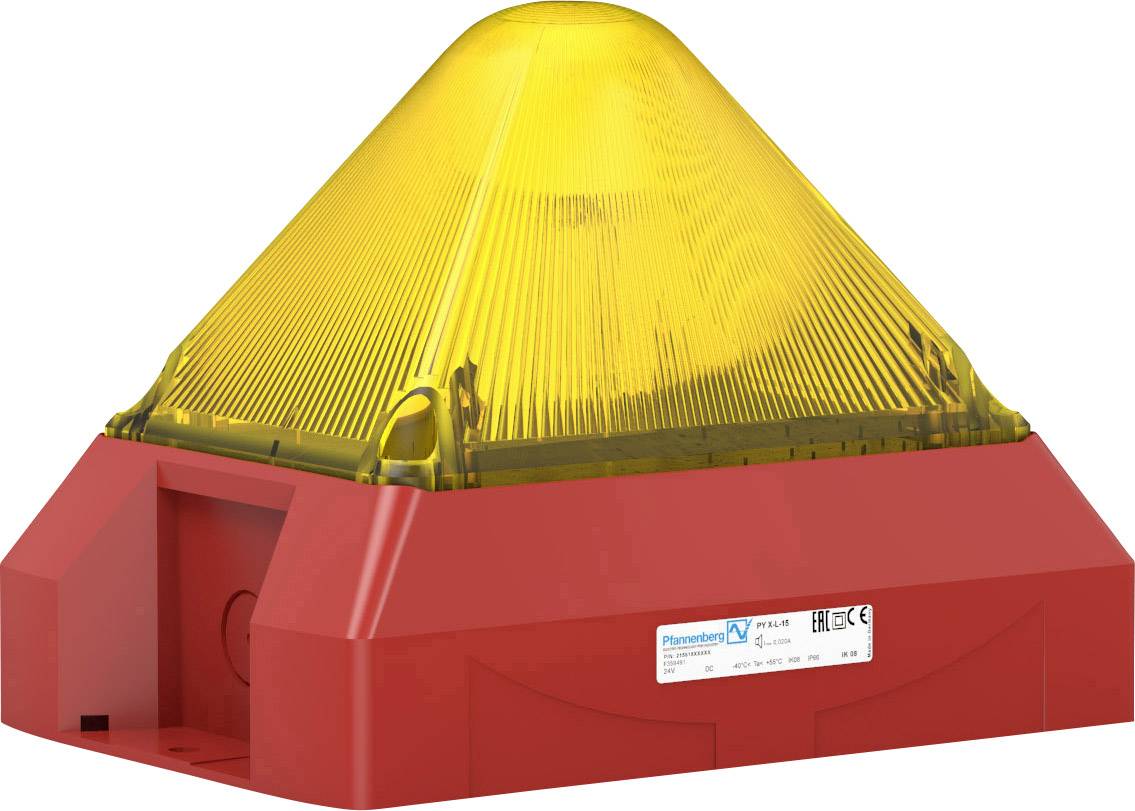 Sirène d'alarme rouge et jaune avec feu clignotant, souvent utilisée dans les environnements industriels pour les avertissements d'urgence. Energreen PVL-W sur l'image.