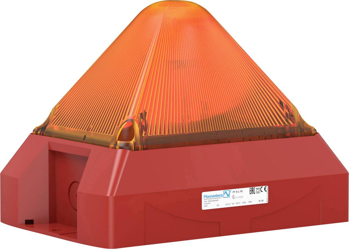 Un feu d'avertissement pyramidal rouge avec un capot lumineux orange, utilisé pour des systèmes de sécurité ou d'alerte, portant une étiquette du fabricant.