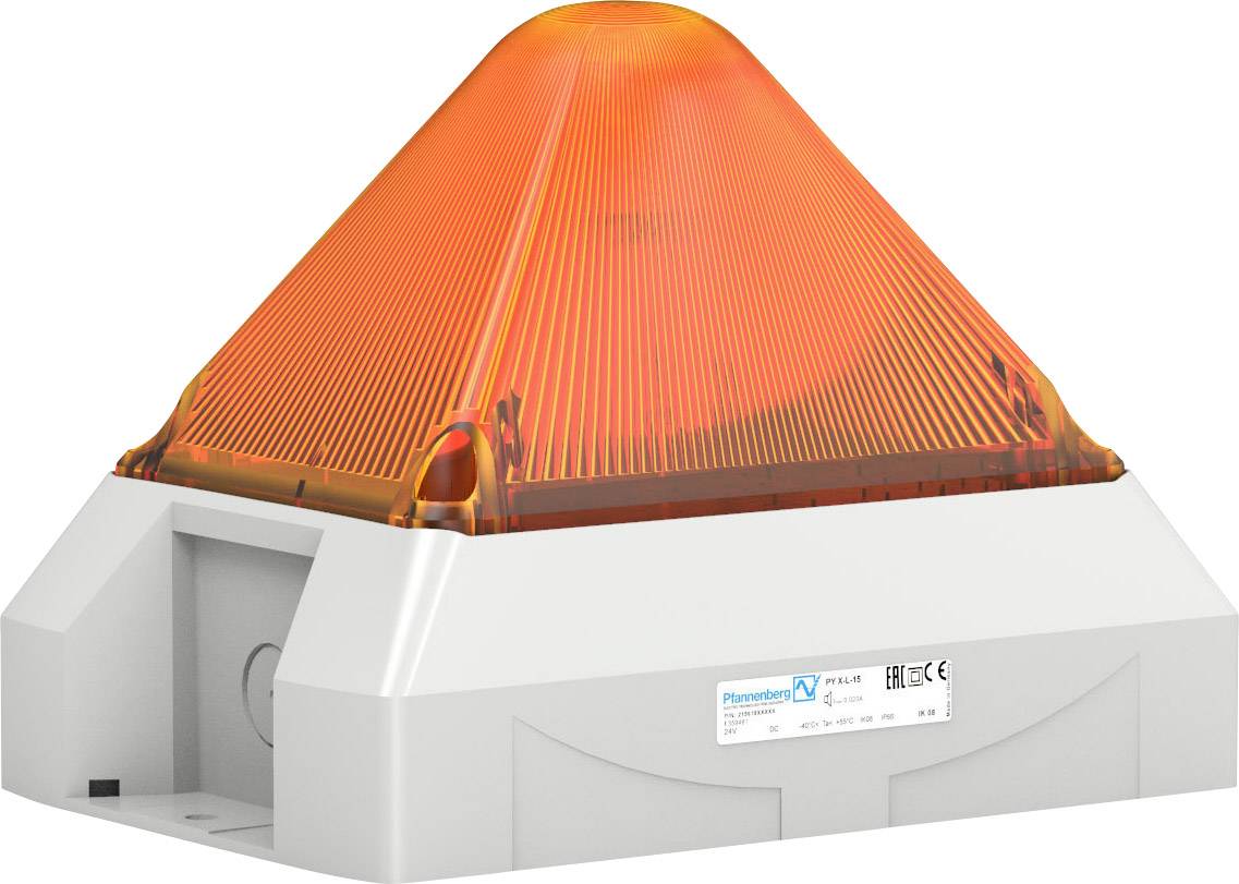 Voyant d'alarme orange au design pyramidal sur un boîtier blanc, utilisé pour des signaux d'avertissement ou des situations d'urgence.