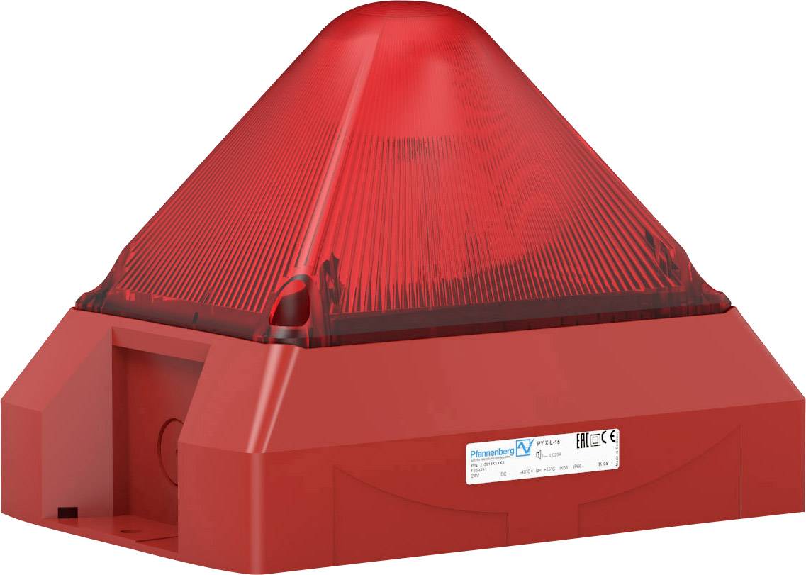 Dispositif d'alarme de sécurité rouge au design pyramidal. Une étiquette avec des informations techniques est apposée dessus.