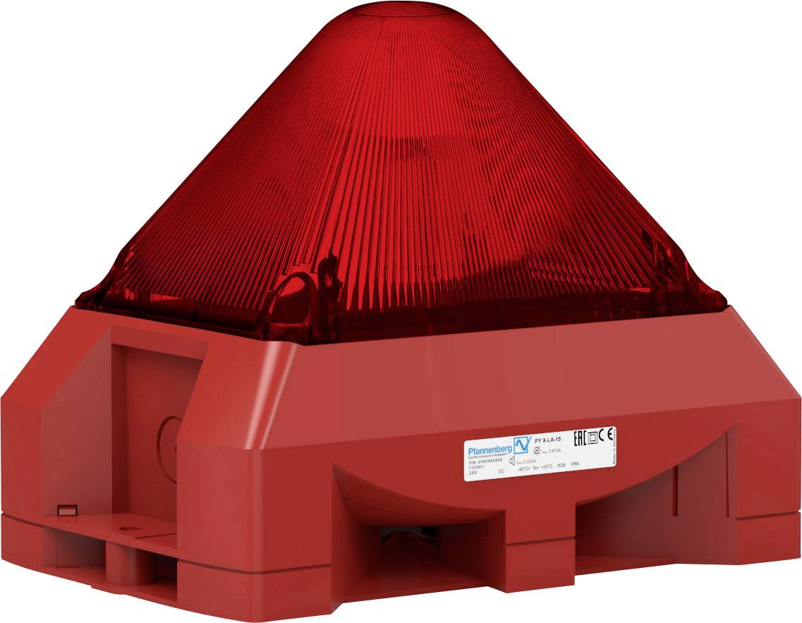 Un feu de signalisation rouge avec un verre pyramidal ondulé, monté sur un socle stable, indique un avertissement.