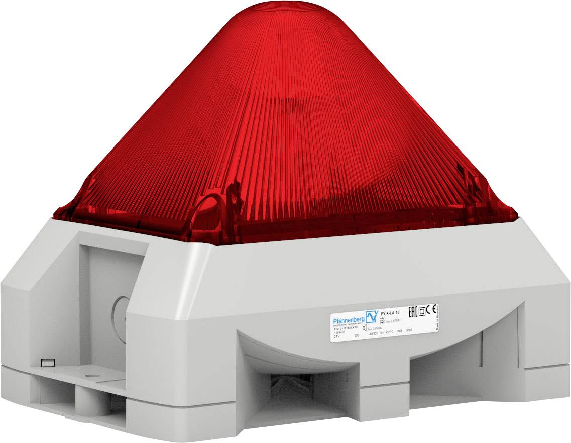 Un voyant d'avertissement rouge avec un couvercle de forme pyramidale, monté sur un boîtier gris. Utilisé pour la sécurité ou les alertes.