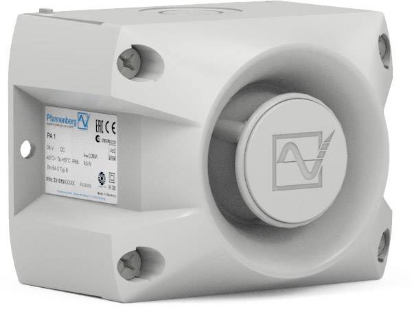Un ventilateur gris avec des logos et des détails techniques sur l'étiquette, y compris la tension et les types de protection.
